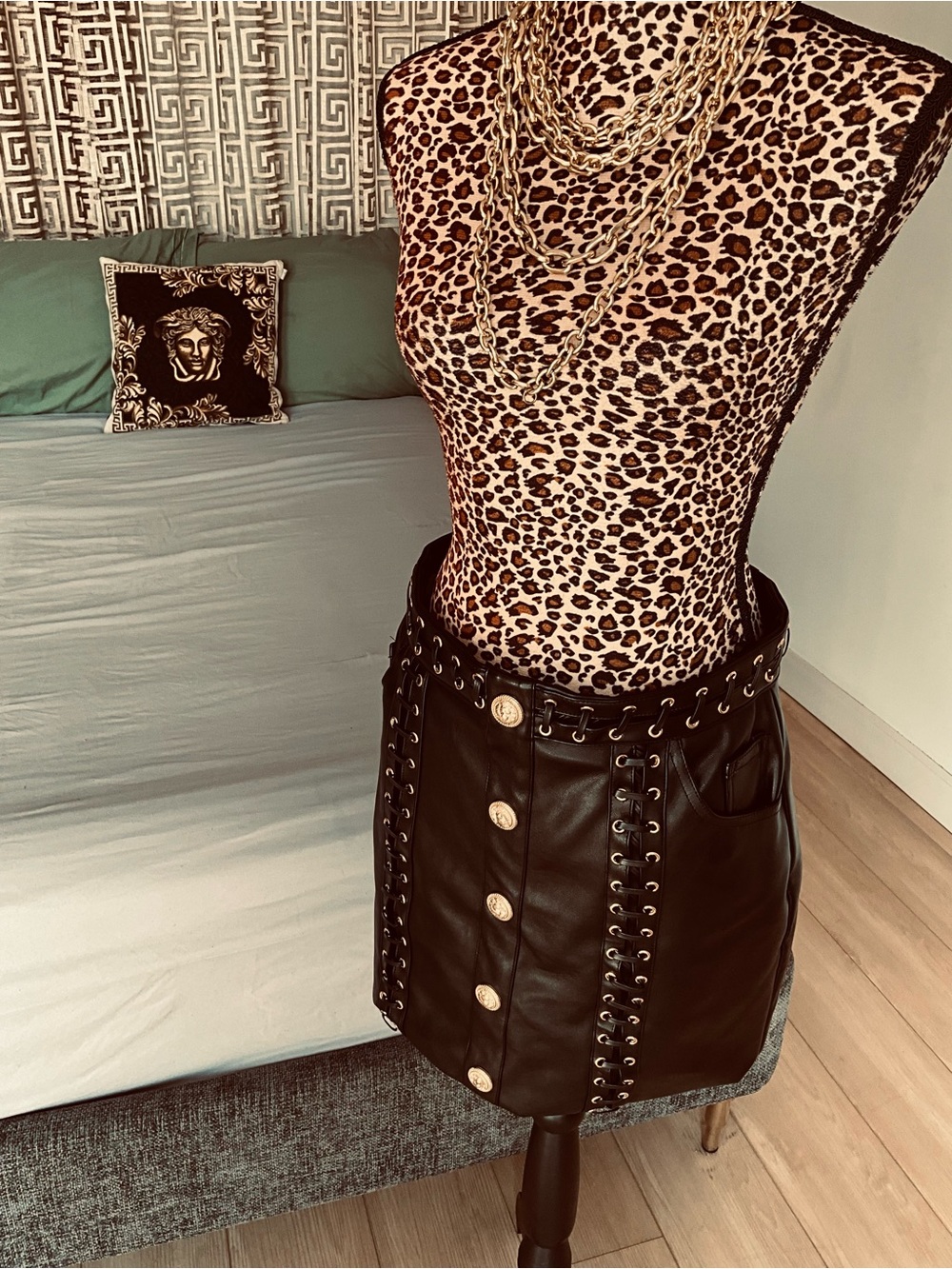 Fashion Nova Luxe Black Faux Leather Mini Skirt with Big Gold Buttons - Picture 8 of 11